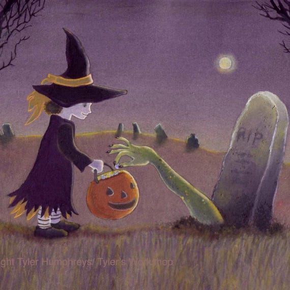 Funny Halloween Card Witch Graveyard Full Moon Origanal Handmade Watercolor Greeting Card