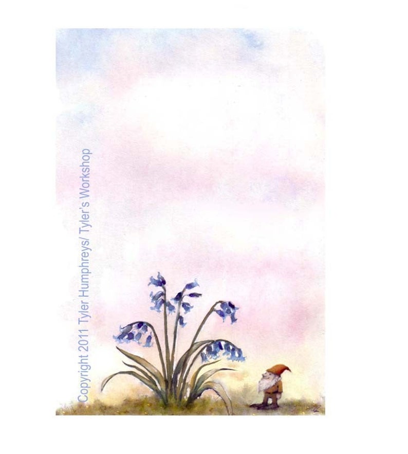 Funny Gnome Card Gnome Greeting Card Art Bluebells Flowers Garden Watercolor Painting Illustration Print 'Bluebells Are Ringing'' image 2