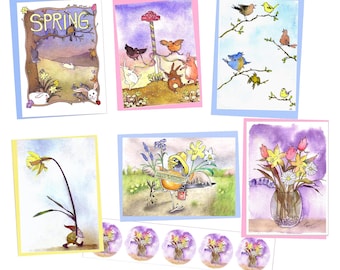 Spring Card Set (6) with Stickers – Whimsical Watercolor Floral & Animal Cards