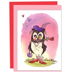 Lustige Eule Grußkarte - Eule in roten Pumps mit Baskenmütze - Schrullige Vogel Karte - Aquarell Eule - Geschenk für Vogelliebhaber - 13x18 Karte