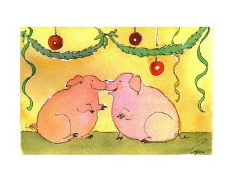 Pig Christmas Card - Pig Art - Pigs Christmas Greeting Card - Pig Christmas Watercolor Card Print 'Piggy Kisses And Christmas Wishes'