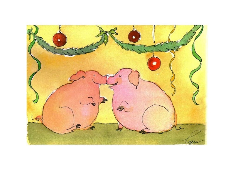 Pig Christmas Card Pig Art Pigs Christmas Greeting Card Pig Christmas Watercolor Card Print ...