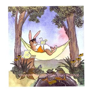 Tarjeta de felicitación de conejo - Divertida tarjeta de acuarela de primavera y verano - Impresión de ilustración de dibujos animados - 'Siesta Bunny'