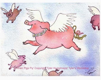 Pig Greeting Card- Funny Flying Pig Watercolor Painting Illustration Cartoon Print 'When Pigs Fly'
