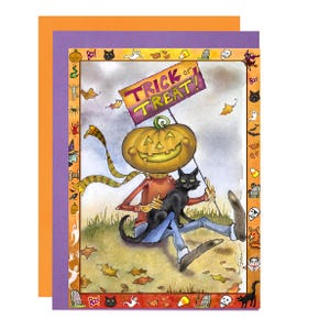 Carte d&#39;Halloween amusante : tête de citrouille, chat noir, illustration effrayante des friandises ou des bonbons