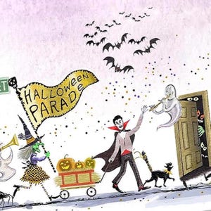 Pode incluir: Uma ilustra&ccedil;&atilde;o caprichosa de um desfile de Halloween com uma bruxa segurando uma bandeira que diz HALLOWEEN PARADE, um vampiro puxando uma carro&ccedil;a de ab&oacute;boras, um fantasma tocando flauta, um gato preto e morcegos voando acima.