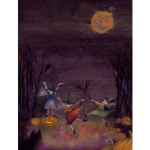Spooky Witches Halloween Card: Dancing, Black Cat, Pumpkins