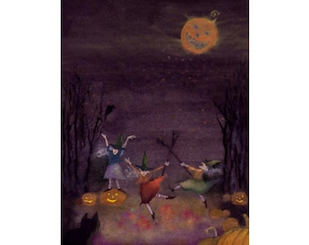 Spooky Witches Halloween Card: Dancing, Black Cat, Pumpkins