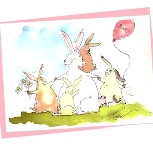 Mothers Day Card - Rabbit Bunny Art, Mom Family Funny Bunny Rabbit Greeting Card, Rabbit Watercolor Painting Illustration Print 'Bunny Mama'