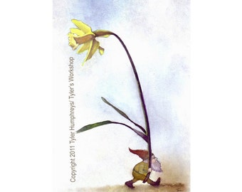 Gnome Art, Gnome Card, Gnome & Daffodil Flower Watercolor Gouache Painting Illustration Greeting Card Print