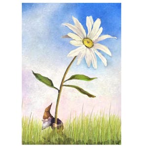 Biglietto d'auguri con gnomo e margherita, estate stravagante, arte fantasy, illustrazione, biglietto d'auguri floreale vuoto, carino, carta naturalistica, regalo botanico