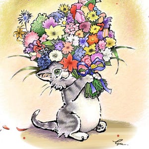 Katze Grußkarte Kätzchen mit Blumen Lustige Katzen Geburtstagskarte Denken an Dich Dankeskarte Beileid Karte Katzenliebhaber Geschenk Aquarell Karte
