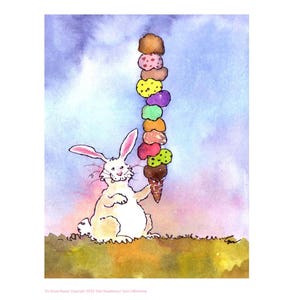 Carte de lapin crème glacée - carte de voeux d'été vierge 4 x 6 - lapin mignon avec cornet de crème glacée - invitation à une fête d'enfants fantaisiste