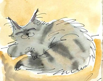 Original Maine Coon Cat Watercolor – Whimsical Sleeping Cat Painting