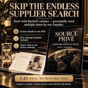 Peut inclure: Une tablette numérique affiche le texte SOURCE PRIVÉ SUPPLIER CONTACT PACK avec un globe. À côté, une liste de contrôle, un sablier doré et le texte SKIP THE ENDLESS SUPPLIER SEARCH ainsi que €49 ONCE. NO MONTHLY FEES.
