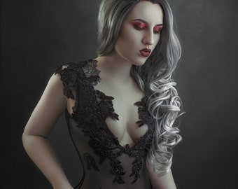 Black Widow black mesh see through appliqué body suit