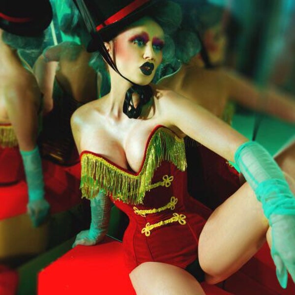 Steel boned red velvet circus ring master corset steam punk burlesque