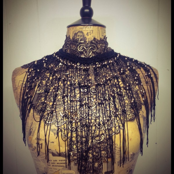 Black lace collar with gold beaded fringe