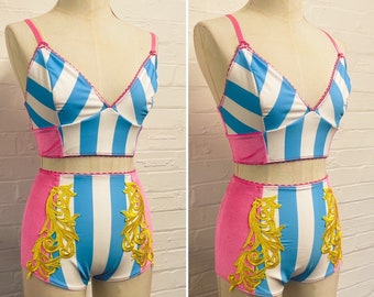 Pink and blue stripe velvet two piece bralette and shorts