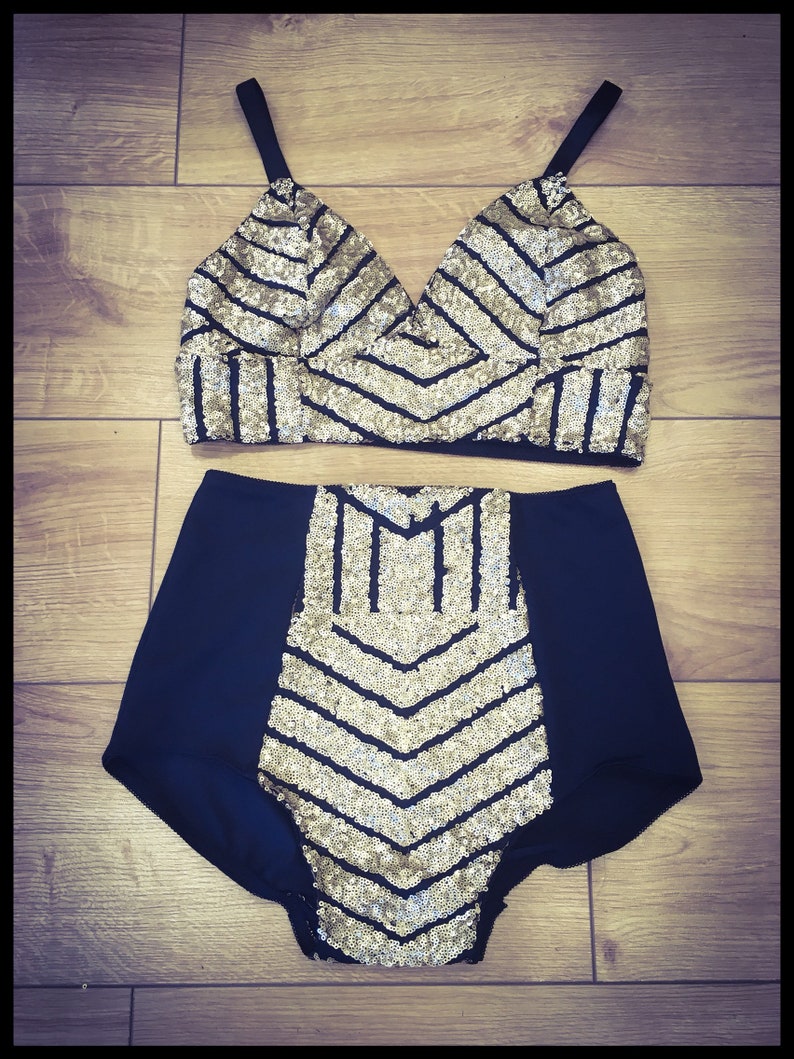 Black and gold geometric sequin shorts and bralette image 3