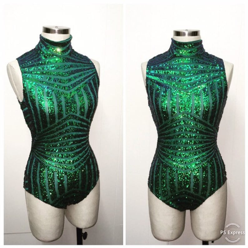 Sequin geometric lycra body suit Turquoise/ Peacock