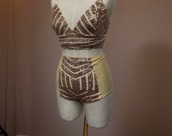 Geometric sequin bralete and high waisted hot pant shorts festival burning man burlesque circus