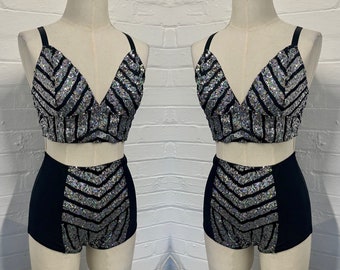 Geometric sequin bralette and high waisted hot pant shorts festival burning man burlesque circus