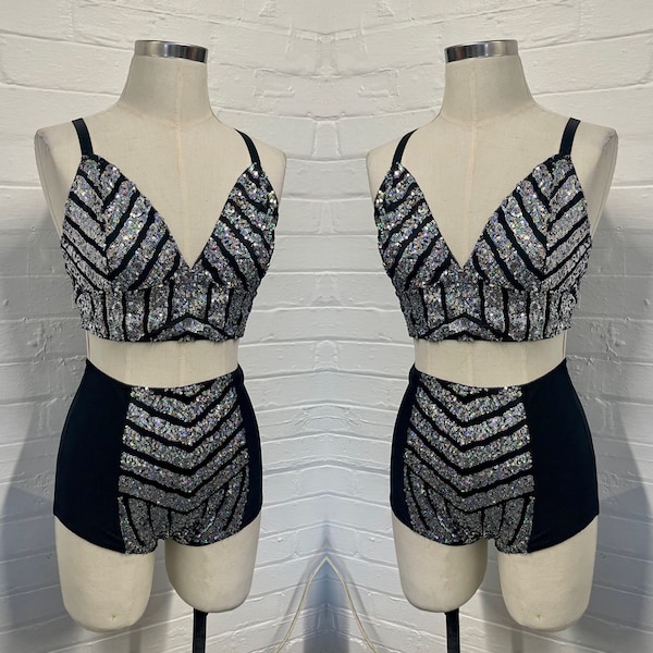 Geometric sequin bralette and high waisted hot pant shorts festival burning man burlesque circus