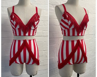 Red and white stripe candy cane  bralete and high waisted hot pant shorts festival burning man burlesque circus