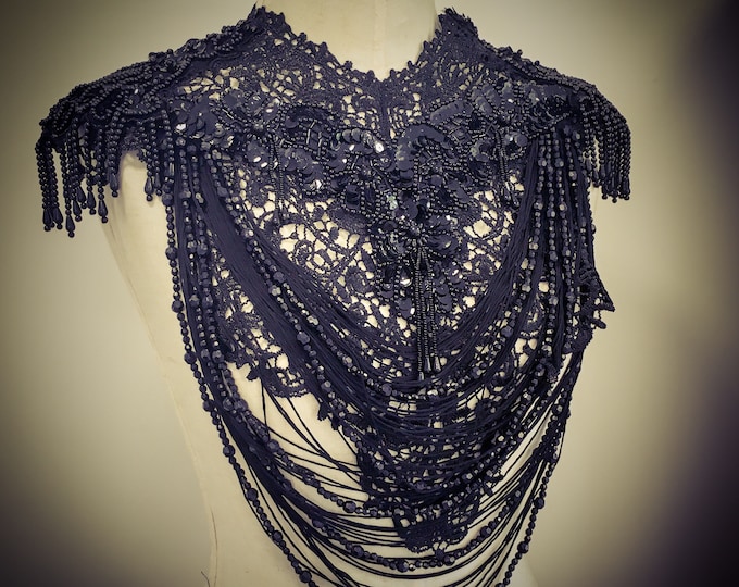 Black Beaded Fringe Lace Burlesque Collar With Beaded Epaulettes Etsy
