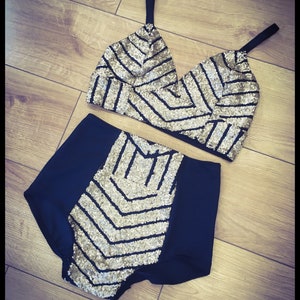 Black and gold geometric sequin shorts and bralette image 2