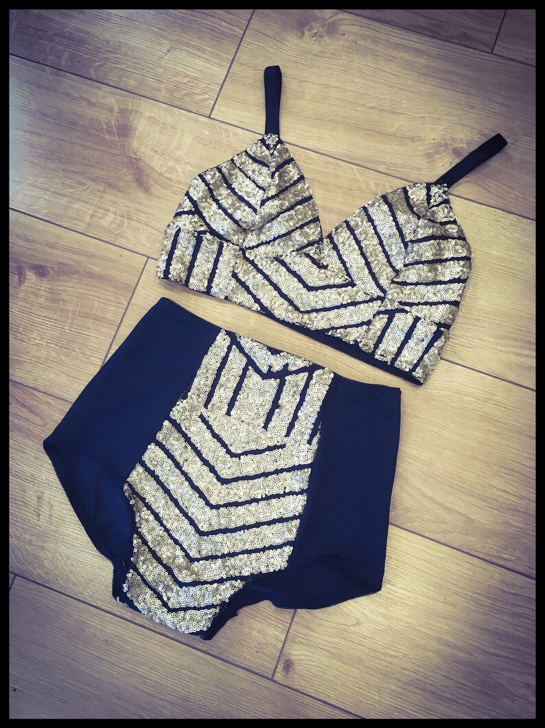 Black and gold geometric sequin shorts and bralette image 2