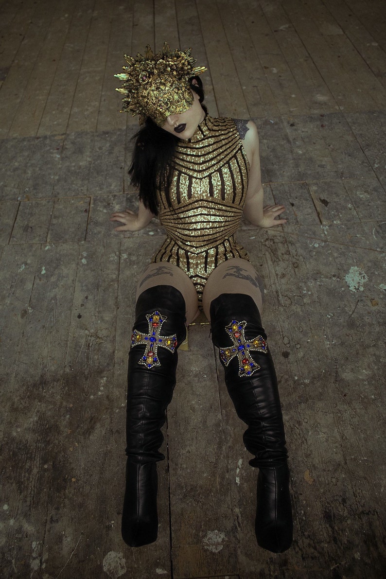 Sequin geometric lycra body suit Black/Gold Sequin