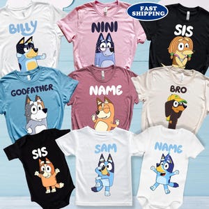 Personalized Bluey Family Matching Shirts, Custom Bluey Birthday Party Shirts, Custom Bluey Bingo Tshirts, Personalized Bluey Squad Shirts
