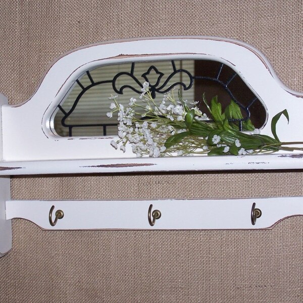 White painted shelf - Vintage white shelf - Shabby Chic white shelf with hooks - Shelf with mirror - display shelf - white farmhouse shelf
