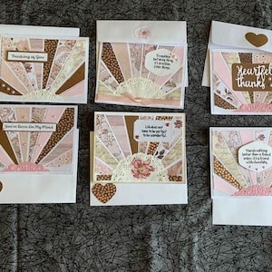 Grußkarten, handgemacht, Fächerstil, Sunburst, herzliches Danke, Denken an Dich, You've Been on my Mind.