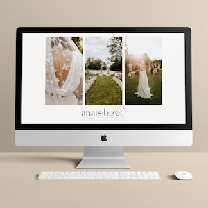 May include: A computer screen displaying a website for a wedding photographer. The website features three images of a bride in a white wedding dress. The website's logo is "anais bizet" with a floral design.