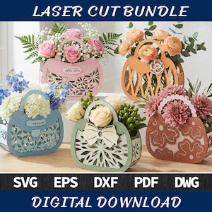 Lasergesneden bloemenmand Svg-bundel, Moederdag, bruiloft, Valentijn gunst bloemenhouder SVG