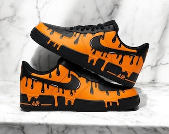 Black Orange Drip Custom Air Force 1 Shoes, Hand Painted Black Orange Drip AF1 Sneakers, Personalized Black Drip AF1, Hand-Painted Shoes
