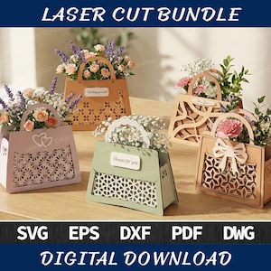 Könnte beinhalten: Lasergeschnittenes Set dekorativer Papierhandtaschen, gefüllt mit Blumen. Die Handtaschen sind in verschiedenen Farben erhältlich, darunter Rosa, Beige und Grün. Jede Handtasche hat ein einzigartiges lasergeschnittenes Design und einen Griff. Der Text "Laser Cut Bundle" und "Digital Download" ist enthalten.