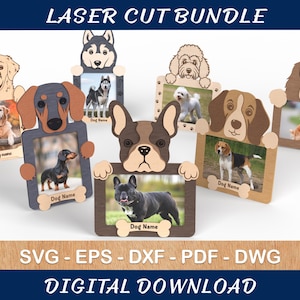 May include: Laser cut dog-themed photo frame bundle. Each frame features a different dog breed design, holding a photo. Includes SVG, EPS, DXF, PDF, and DWG digital download files. The text "Dog Name" is visible on each frame.