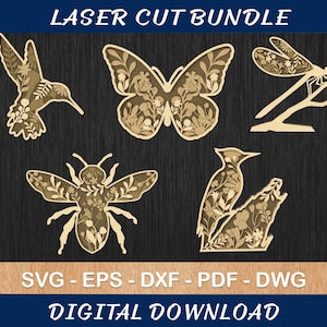 Pacchetto SVG a strati con fauna selvatica floreale tagliato al laser, file di animali incisi in legno multistrato con taglio al laser, file di animali selvatici multistrato con taglio al laser