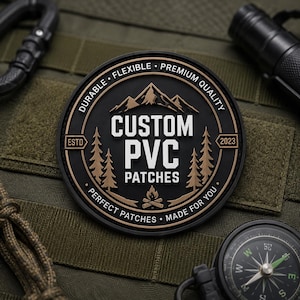Peut inclure: Un écusson circulaire en PVC noir arborant un graphisme de montagne et de sapins avec le texte CUSTOM PVC PATCHES, DURABLE, FLEXIBLE, PREMIUM QUALITY, ESTD 2023, et PERFECT PATCHES MADE FOR YOU. Le design inclut une petite icône de feu de camp.
