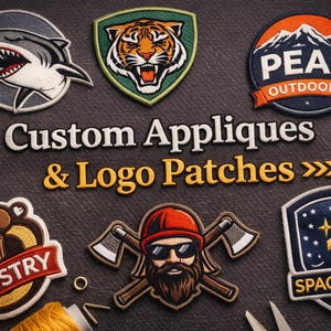 Puede incluir: Colección de apliques y parches con logotipos personalizados, que incluyen un tiburón, un tigre, una escena de montaña, una huella de pata con una magdalena, un leñador con hachas y un cohete. Se muestra el texto "Custom Appliques & Logo Patches".