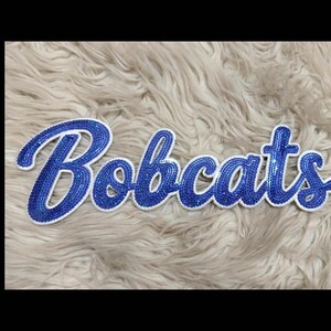 K&ouml;nnte beinhalten: Blauer Pailletten-Schriftzug "Bobcats" mit wei&szlig;em Rand. Das Wort ist in einer Schreibschrift dargestellt und befindet sich auf einer flauschigen, hellfarbigen Oberfl&auml;che. Die Pailletten lassen die Buchstaben glitzern.