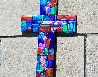 Made to Order Large Personalized Dichroic Glass Cross Wall Hanging, Large Mosaic Fused Glass Cross Art, Wedding Cross Baptism Confirmation