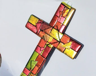 MADE TO ORDER Large Dichroic Glass Fire Cross Wall Hanging REd Orange Gold Mosaic Fused Glass Cross Art, Wedding Cross Baptism Confirmation
