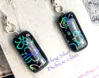 Artisan Green gold Bug Doodle Dichroic Glass Earrings Butterfly Black Fused Glass Earrings Jewelry Casual Sterling Silver ear wire Dangle