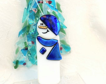 Made to OrderBlue Fused Glass Snowman Ornament, Personalized Glass Christmas Art Glass Snowman Blue Dichroic Ornament Tree Coworker Gift