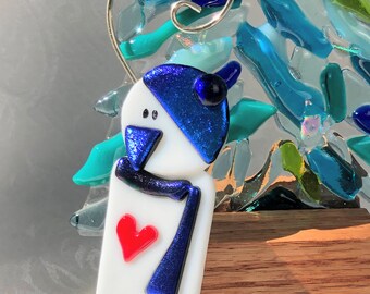 SALE  Blue Fused Glass Snowman with face mask and heart Ornament,  Art Glass Dichroic Christmas Tree Coworker Gift
